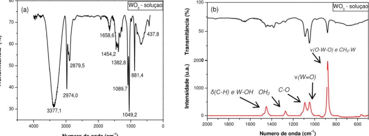 Figura  8  -  (a)  Espectro  FTIR  típico  de  uma  solução  de  WO 3 ,  (b)  Comparação  dos  espectros  de  Infravermelho e Raman do sol de WO 3 