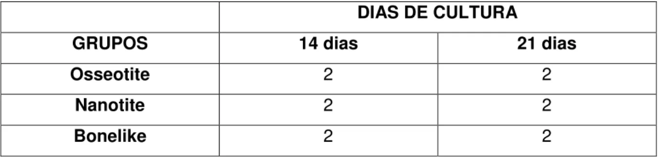 Tabela 1: Distribuição por grupos dos discos de titânio por unidades nos  dias de cultura