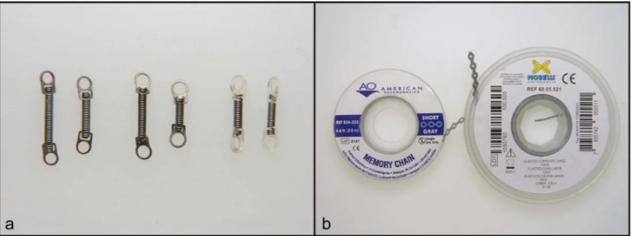 Figura 1: Molas fechadas de níquel-titânio utilizadas no experimento da esquerda para a  direita: Morelli/12, Morelli/9, Amer/12, Amer/9, TP/025, TP/036 (a)