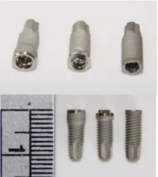 Figura 1: Implantes dos sistemas hexágono interno, hexágono externo e  cone morse, com comprimento de 11mm 
