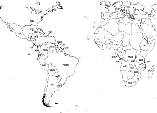 Fig.  1.  Número  de  espécies  de  Syngonanthus  para  cada  país  onde  o  gênero  ocorre