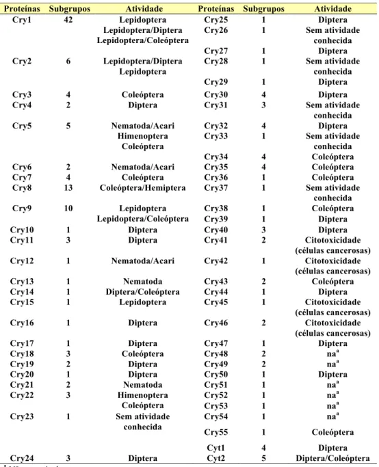 Tabela 1 – Classe das proteínas Cry e Cyt de B. thuringiensis com os respectivos subgrupos  (http://www.lifesci.sussex.ac.uk/home/Neil_Crickmore/Bt/toxins2.html) (atualizado em  01/03/2009)   