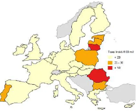 Figura n.º 4  –  Incidência de casos de tuberculose notificados por 100 mil habitantes  Fonte: Portugal