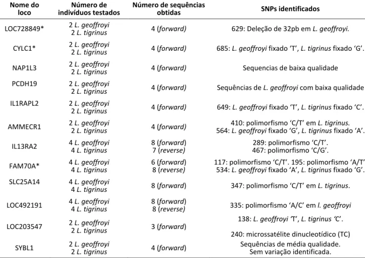 Tabela 3: Lista de segmentos amplificados para as espécies Leopardus geoffroyi e L. tigrinus