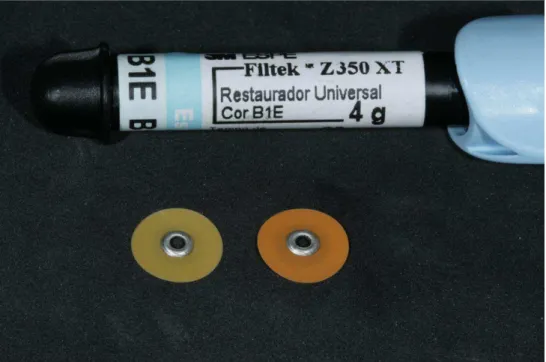 Fig. 1  – Resina nanoparticulada Filtek Z 350 XT e discos abrasivos   Sof-LeX ( sequência laranja ) 