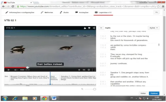Figura 9. Ferramenta do Youtube utilizada para sincronizar o roteiro audiodescrito com o áudio do  filme
