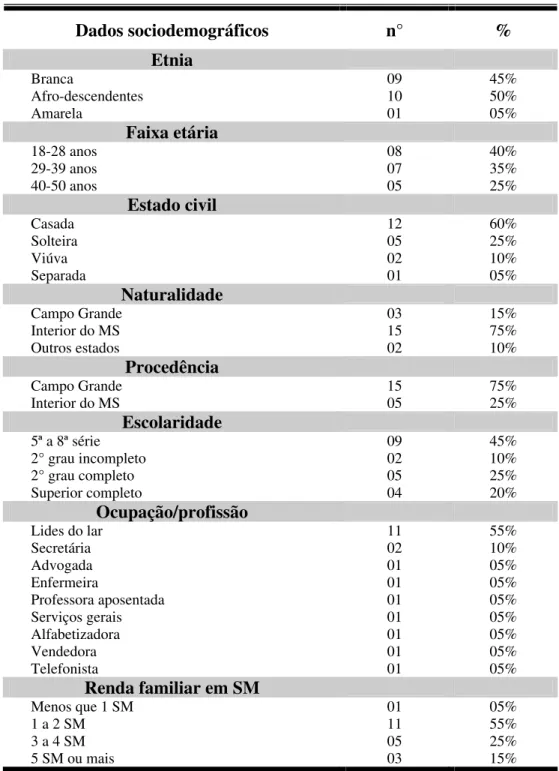 Tabela  1:  Distribuição  das  20  pacientes  segundo  etnia,  faixa  etária,  estado  civil,naturalidade, procedência, escolaridade, profissão e renda familiar, Campo Grande,  2004-2006*