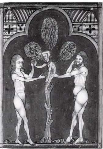 Fig. 3: A tentação de Adão e Eva. Miniatura de um saltério,(ca. 1270-1280) Cambridge, Saint John`s College