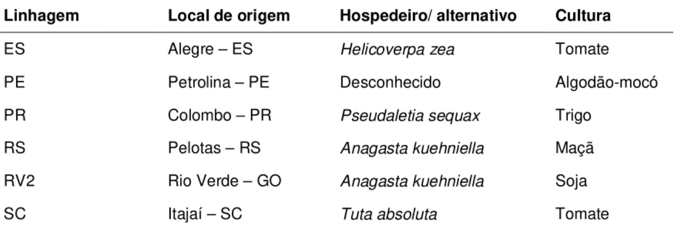 Tabela 2 - Linhagens de T. pretiosum com suas respectivas origens e hospedeiros naturais e  alternativo e localidades em que foram coletadas, utilizadas no teste de seleção para controle de E