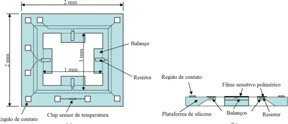 Figura 35 – Vista superior (a) e corte (b) de um chip do sensor MEMS 