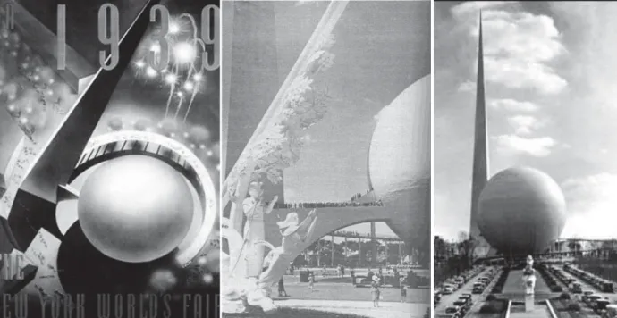 Figura 26  –  O Trylon e o Perisphere, símbolos da Feira Mundial de Nova York, em 1939,  projetados por Harrison &amp; Abramovitz (Smith, 1993) 