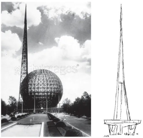 Figura 27  –  O Trylon de Harrison &amp; Abramovitz 23  e o croqui de Lucio para a Torre de TV de  Brasília (ArPDF) 