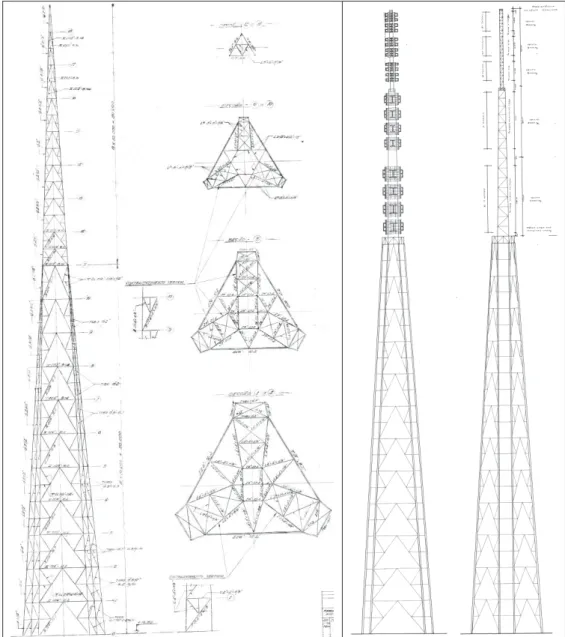 Figura 28  –  Vista da primeira proposta da estrutura metálica da Torre (E) e o desenho final  desenvolvido pelo engenheiro Paulo Fragoso (D) (Fonte: ArPDF) 