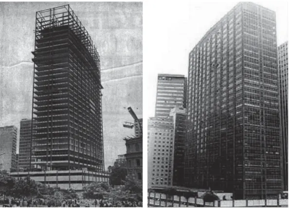 Figura 46  –  Edifício Avenida Central durante a montagem da estrutura metálica em 1960 e  na sua inauguração em 1961 (Fontes: Revista Módulo, nº 17, 1960) 