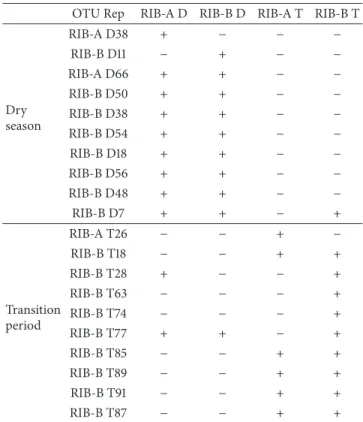 Table 3: Presence of the ten most abundant OTUs from each season among the lake sediments retrieved in the dry season (RIB-A D and RIB-B D) and the transition period (RIB-A T and RIB-B T).