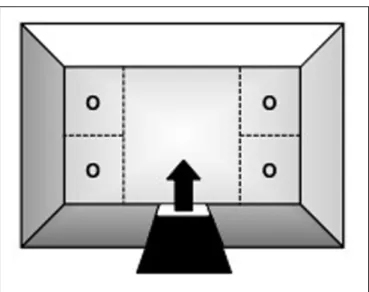 FIGURE 1 | Top-view schematic representation of the marmoset open field apparatus, indicating the subjects’ entry/exit point (arrow) via the guillotine-type door, the four corner sections where stimuli could be placed during specific trials of the procedur