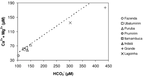 Figura  23  -  Relação  entre  as  concentrações  de  HCO 3 -   e  o  somatório  de  cátions  bivalente  (Ca 2+   +  Mg 2+ )  encontrada  no  período  seco  nos  rios  estudados