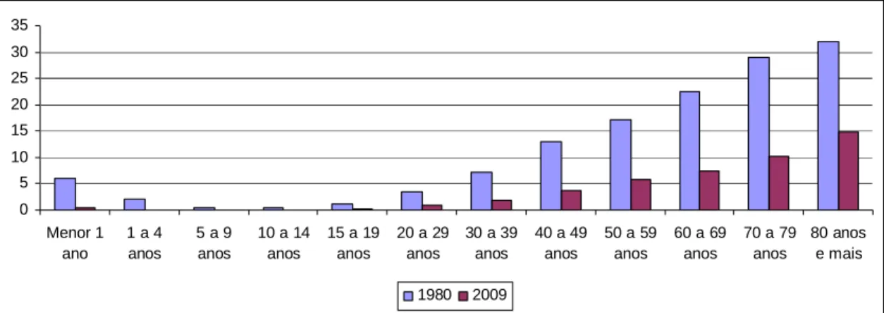 Gráfico  4:  Taxa  de  mortalidade  causado  pela  tuberculose,  por  faixa  etária,  em  1980  e  2009 05101520253035 Menor 1 ano 1 a 4anos 5 a 9anos 10 a 14anos 15 a 19anos 20 a 29anos 30 a 39anos 40 a 49anos 50 a 59anos 60 a 69anos 70 a 79anos 80 anose 