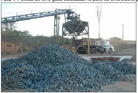 Foto 1: Pelotas de ferro gusa estocadas no pátio de uma siderúrgica. 