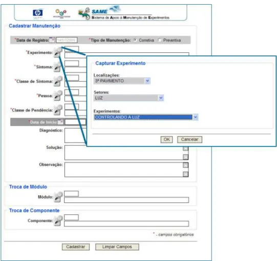 Figura 5. 5 – Cadastro de manutenção – localizar convencionalmente o experimento 