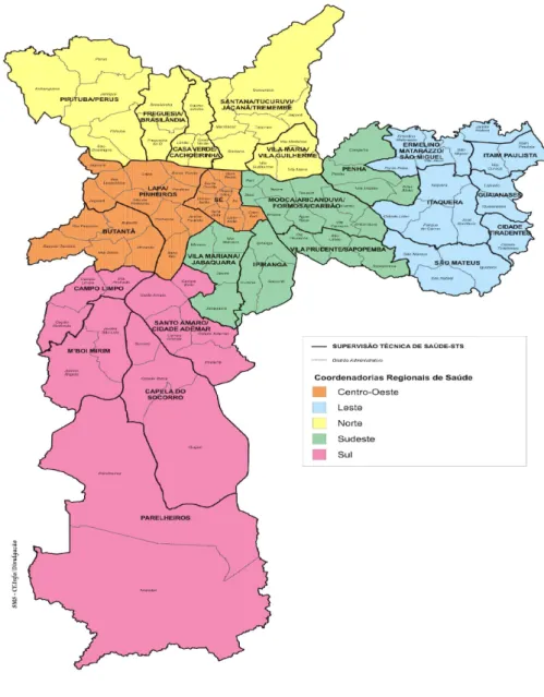 Figura 1 – Mapa da área de abrangência das coordenadorias regionais  de saúde (região centro-oeste/área da supervisão técnica de saúde do  Butantã em cor carmim) 