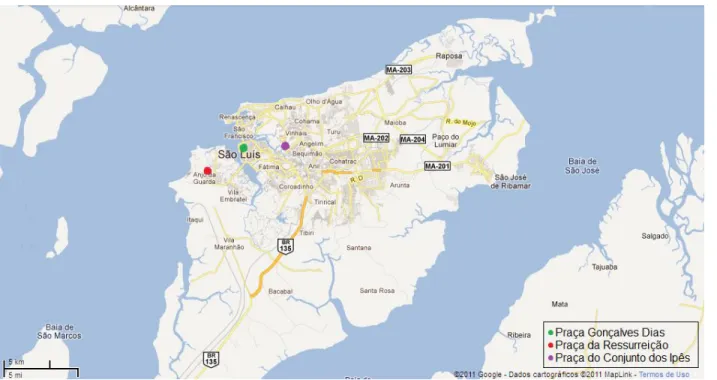 Figura 1  –  Mapa de São Luís com a localização das praças pesquisadas. 