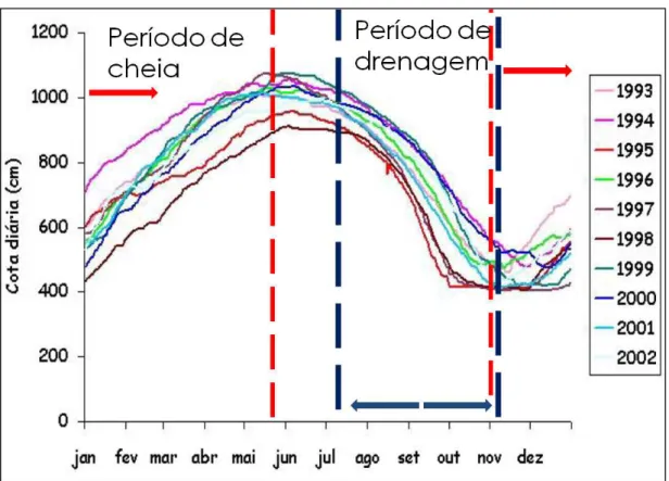 Figura  6-  Dinâmica do nível d’água na várzea do lago  Grande de Curuai (PA) no  período de janeiro  de 1993 a dezembro  de 2002 (Fonte: Barbosa, 2005)