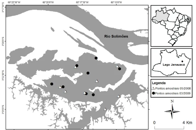 Figura  8-  Localização dos pontos amostrais  no  lago Janauacá (AM) para medição de  parâmetros físico-químicos da água no período de cheia de maio de 2008 ( ∆)  e março de  2009 ( ●) 