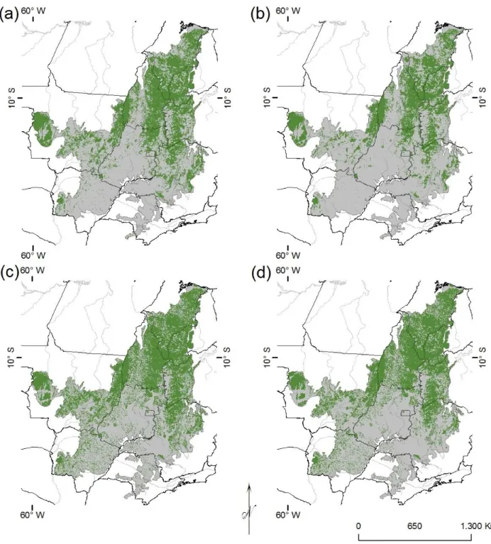 Figure 1. Projected Cerrado remaining areas in: (a) BAU scenario for 2020; (b) BAU scenario for 2030; (c) 595 