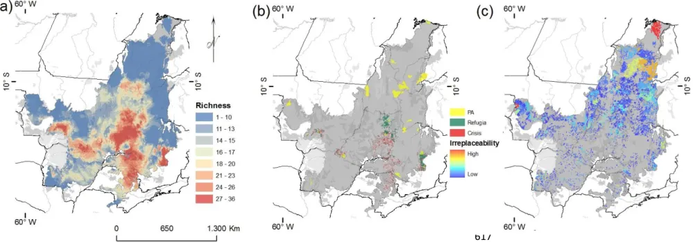 Figure 5.   Maps of endemic richness and crisis, refugia and irreplaceab;e areas in the Cerrado (a) Endemic richness based on the overlap of species expected distributions - 618 