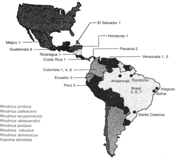 Figura 1 - Distribución geográfica del Trypanosoma rangeli y sus vectores comprobados en las Américas Central y del Sur.