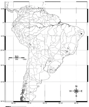 Figura  2.1.  Mapa  da  América  do  Sul  evidenciando  o  município  de  Pesqueira,  em  círculo sólido preto, situado no estado de Pernambuco, Brasil