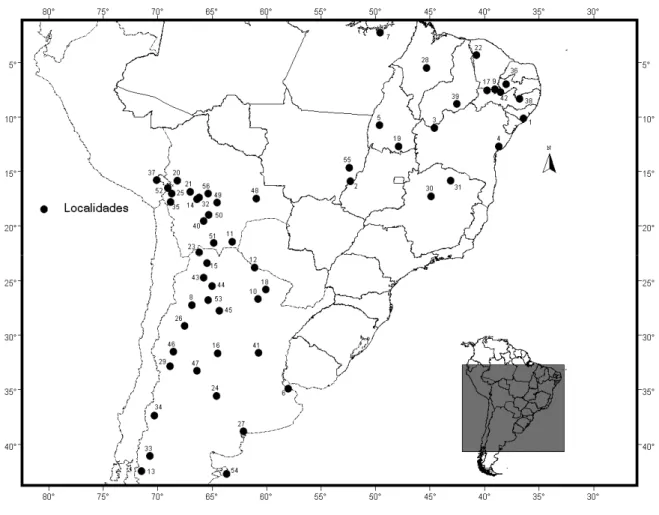 Figura  3.2.  Mapa  das  59  amostras  geográficas  do  gênero  Galea  utilizados  nas  análises: 1