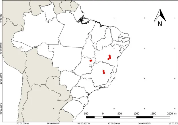 Figura 13. Mapa com os registros de distribuição (pontos vermelhos) confirmados de Paspalum  minarum.