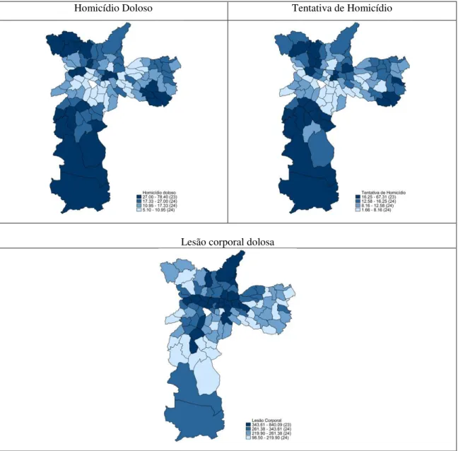 Gráfico 1  –  Incidência de homicídios dolosos, tentativas de homicídio e lesões  corporais por distritos – Município de São Paulo – 2006 (por 100 mil habitantes) 