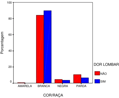 Figura 14- Gráfico de barras das  porcentagens da variável Cor - Raça,  segundo as categorias Não e Sim da dor lombar 