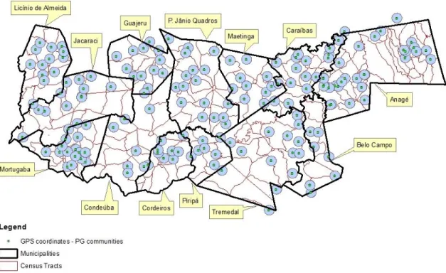 Figure 2. Pro-Gavião Municipalities, Census Tracts and Treated Communities  (with a 2.5km radius) 