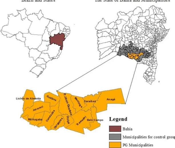 Figure 1. Brazil, State of Bahia, Pro-Gavião Municipalities   and Municipalities for Control Group 