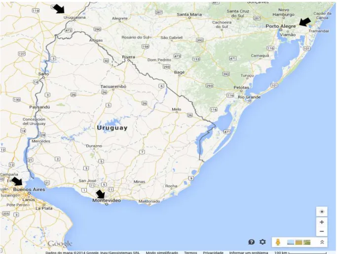 Figura 2 – Mapa demonstrativo acerca das distâncias de Uruguaiana até as capitais de Argentina e Uruguai, e da  capital do Rio Grande do Sul – Porto Alegre