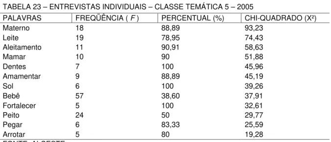 TABELA 23 – ENTREVISTAS INDIVIDUAIS – CLASSE TEMÁTICA 5 – 2005 
