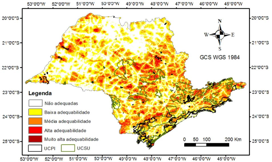 Figura 165. Áreas protegidas e adequabilidade ambiental para o lobo-guará no estado de São Paulo, Brasil