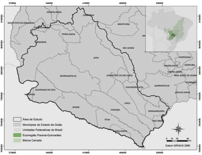 Figura 6.  Localização da área de estudo e dos munícipios do estado de Goiás circuvizinhos; sua posição relativa a  ecorregião Paraná-Guimarães, ao Bioma Cerrado e as Unidades Federativas do Brasil (direita acima)