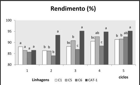 Figura 8 – Rendimento em etanol (%) no transcorrer de 5 ciclos fermentativos das leveduras C1, C5, C6 e  CAT-1 fermentando mosto de caldo com 54 ppm de Al