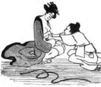 Figura 7: Técnicas primitivas de parto em que mulher japonesa recebe massagem abdominal 