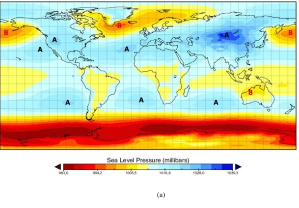 Figura 2. Sistemas de pressão atmosférica ao nível médio do mar semi-permanentes no (a) Verão (DJF) e  no (b) Inverno (JJA) do Hemisfério Sul (Adaptado de NOAA/ESRL).