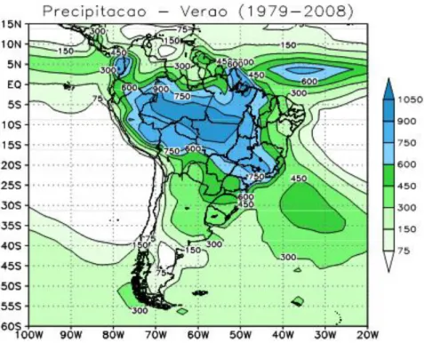 Figura 5.  Precipitação total média do período de dezembro a fevereiro de 1979 a 2008