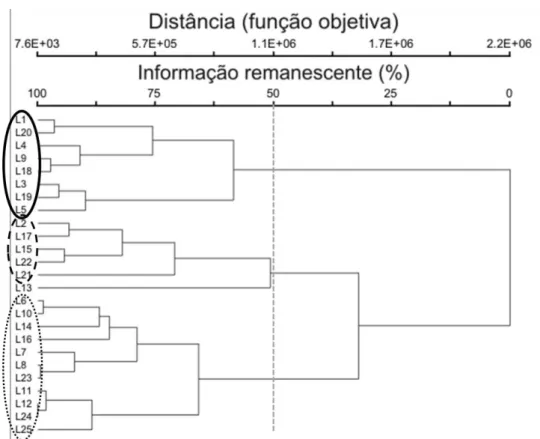 Figura  12.  Dendrograma  de  similaridade  das  25  linhas  de  amostragem  de  vegetação  herbáceo-subarbustiva  de  cerrado  sentido  restrito  na  Estação  Ecológica  do  Jardim  Botânico de Brasília