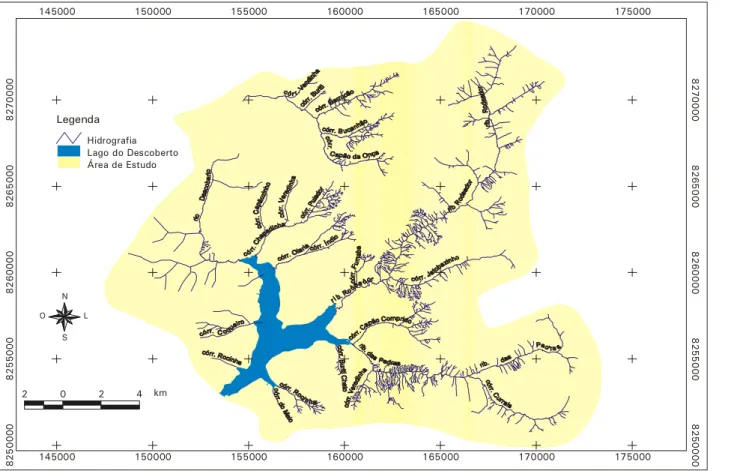 Figura  2.  Mapa  Hidrográfico  do  Alto  Curso  da  Bacia  do  Rio  Descoberto,  Distrito  Federal  e  Goiás.