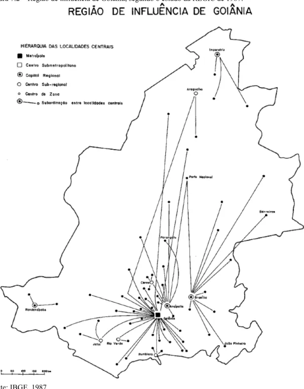 Figura 7.2 ± Região de influência de Goiânia, segundo o estudo da REGIC de 1987.  