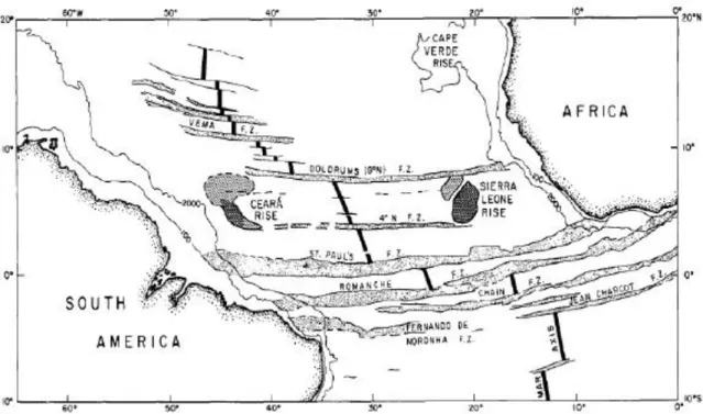 Figure 4. Structural map of the equatorial Atlantic and of the boundaries of the Ceara Rise and Sierra Leone Rise, from KUMAR et al., 1977 .